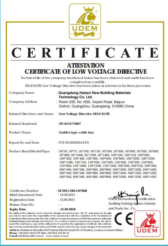 CE — Low Voltage Directive Compliance — Ladder Type Cable Tray