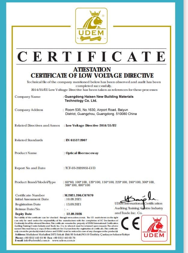 CE — Low Voltage Directive Compliance — Optical Fiber Raceway