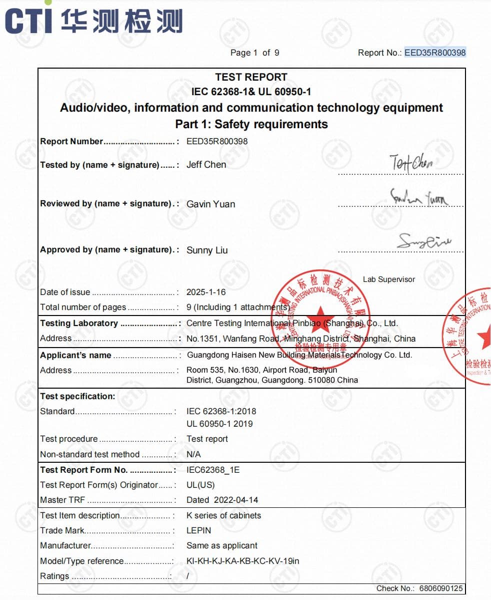 Safety Test Report — IEC 62368-1 / UL 60950-1 — K Series Cabinets