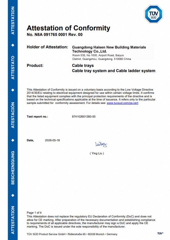 TÜV SÜD Attestation of Conformity — Cable Tray System and Cable Ladder System