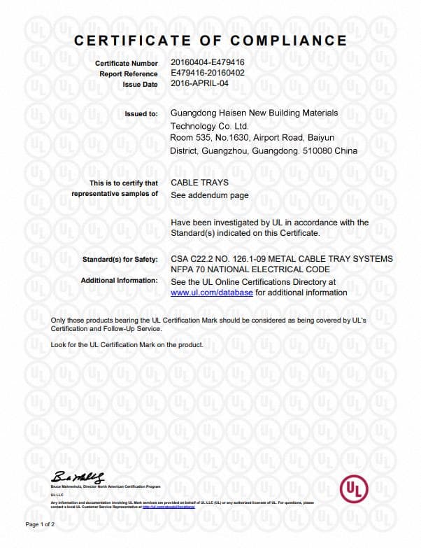 UL Certificate of Compliance — Cable Trays