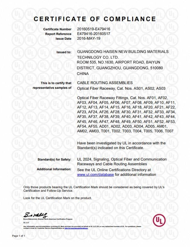 UL Certificate of Compliance — Cable Routing Assemblies — Optical Fiber Raceway & Fittings