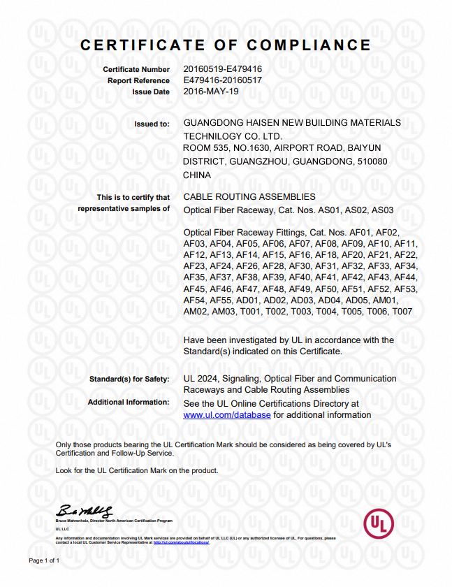 UL Certificate of Compliance - Cable Routing Assemblies
