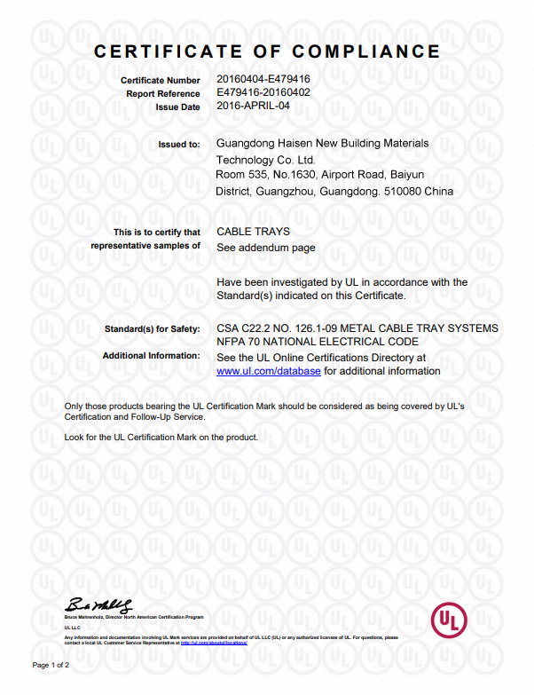 UL Certificate of Compliance - Cable Trays